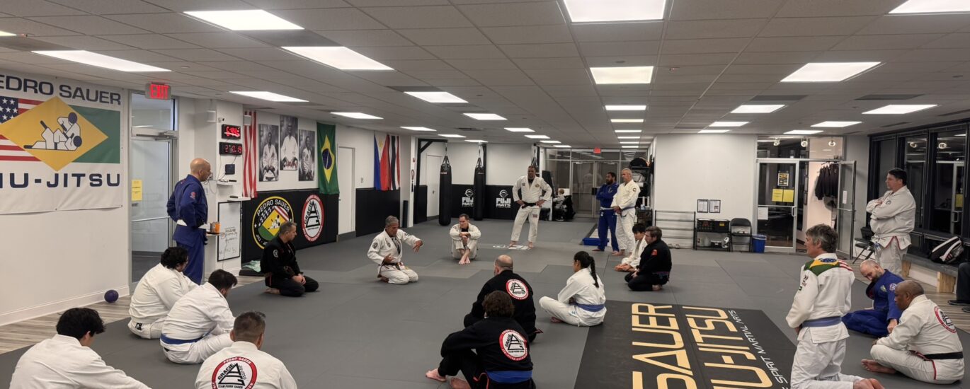 Professor Pedro Sauer teaching an adult gi Brazilian Jiu-Jitsu (BJJ) class at Pedro Sauer Academy in Herndon, VA.