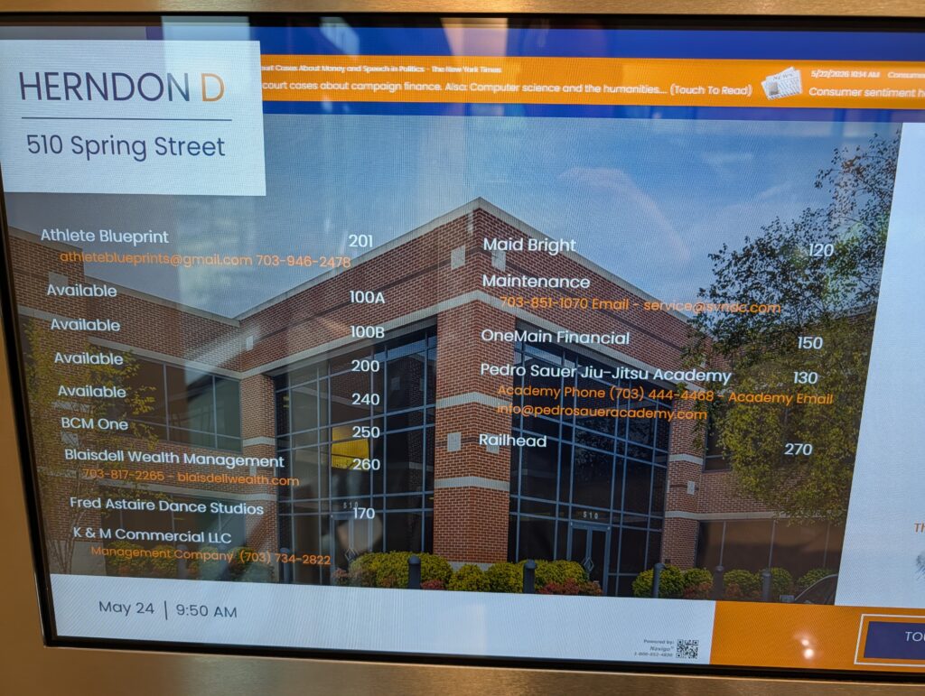 Building Directory including Pedro Sauer Academy, 510 Spring Street, Herndon, VA - Pedro Sauer Academy - Pedro Sauer Academy Building directory at 510 Spring Street Herndon VA 20170 showing Pedro Sauer Academy of Self-Defense in Suite 130.
